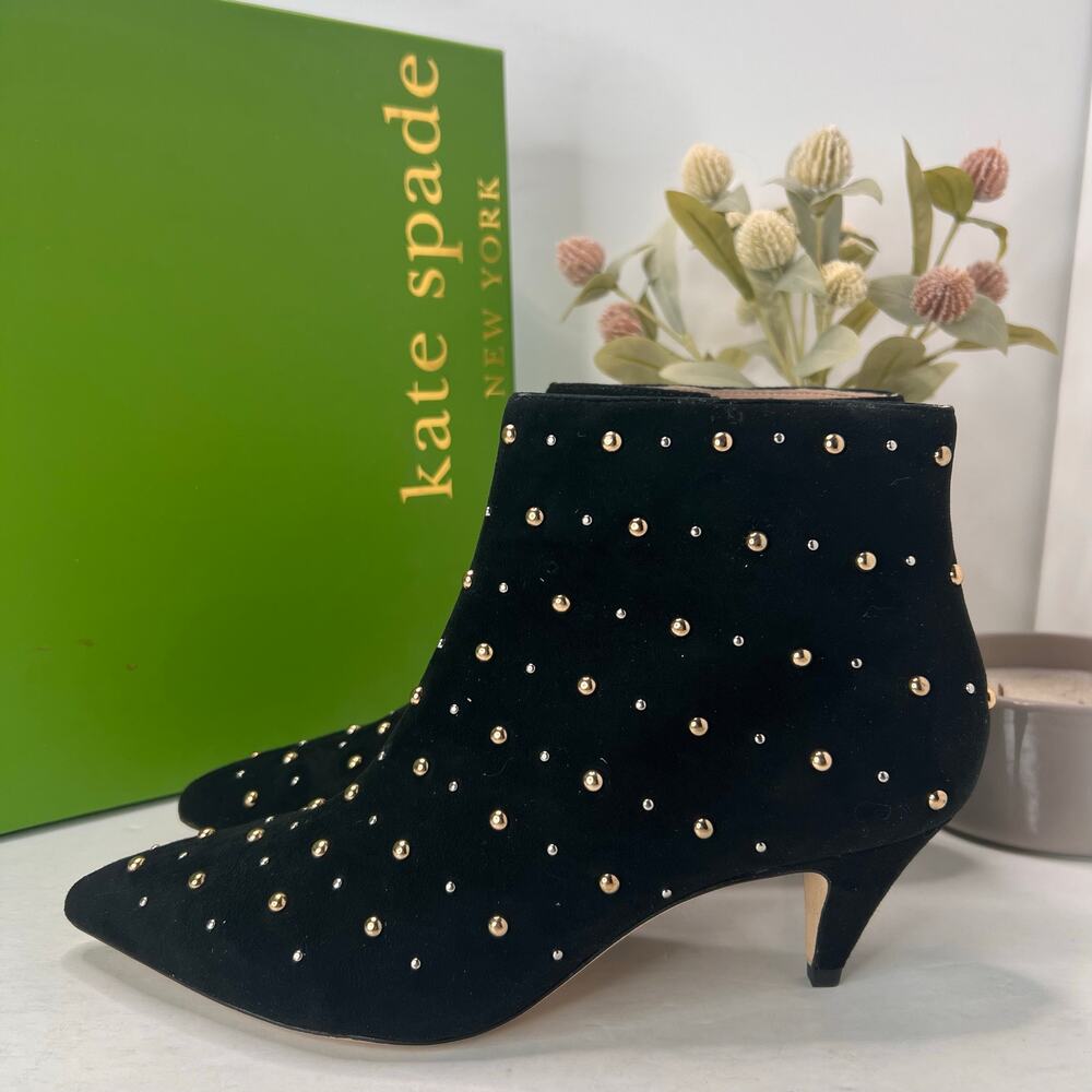 Kate Spade Starr Pointy Toe Leather Bootie Black Studded Women 8.5M Tried On